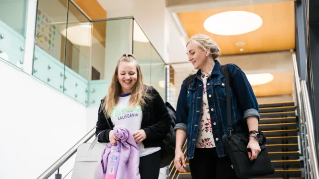 Two students are talking to each other whilst descending a flight of stairs