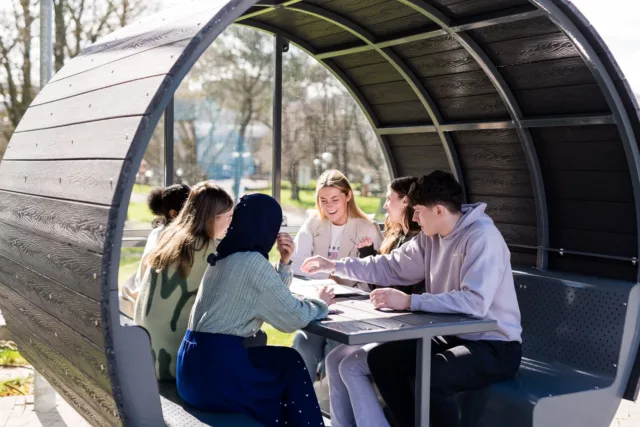 Students in pods outside L building