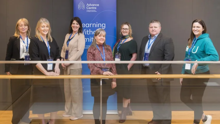 Bridie Killoran (Senior Careers & Learning Pathways Manager, Mycareerpath.ie), Yvonne Sarsfield (Instructional Designer, Advance Centre, ATU Sligo), Eileen Larkin (Enterprise Liaison Officer, Mycareerpath.ie), Sinead O'Donovan (Advance Centre Marketing Manager, ATU Sligo), Louise O'Gorman (Advance Centre Manager, ATU Sligo), Xavier Velay (ATU Project Lead, Advance Centre, ATU Sligo), and Jean Gilligan (Head of Online Learning Business Development & Operations Manager, ATU Sligo) pose behind a glass railing, smiling for the camera.