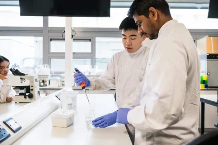 Two male international student conducting experiments in the science lab