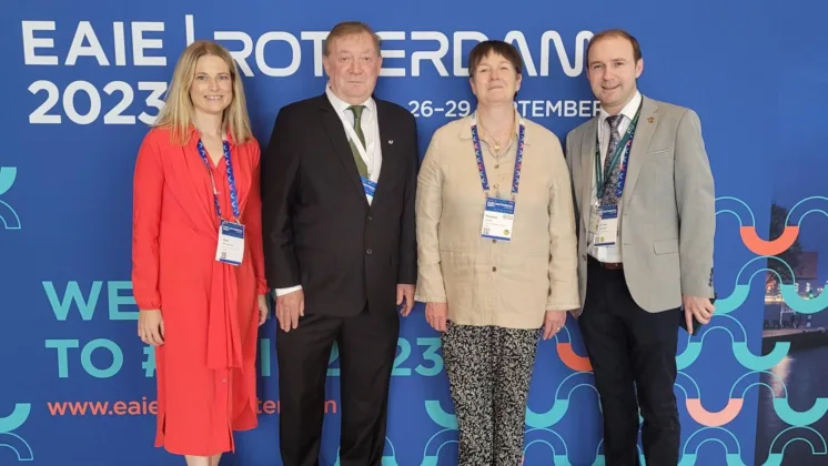 Three ATU colleagues standing for a photo and smiling alongside Ambassador Mr. Brendan Rogers, the Irish Ambassador to the Kingdom of the Netherlands