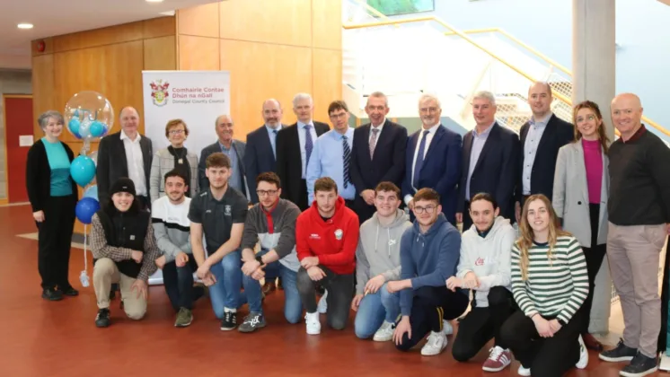 Final year BEng Civil Engineering students from ATU Donegal, alongside ATU staff and members of Donegal County Council, pose for a photo following the announcement of a new partnership. The students will work one day per week on a range of Donegal County Council projects.