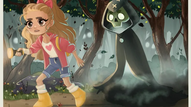 Illustration titled 'Gemini' by Magdalena Sikora, featuring a blonde girl wearing a pink jacket, pink bow in her hair, denim shorts, and yellow boots. She holds a torch in one hand and appears frightened as she walks through a dark forest, with a ghostly figure in a black cape following her.