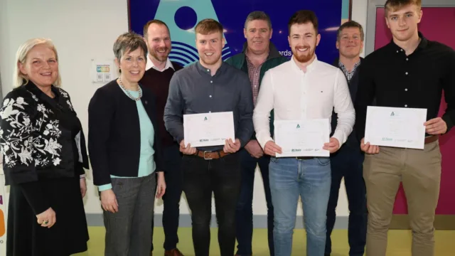 The overall winners of the ATU Entrepreneur Awards, pictured at the ATU Galway iHub, with ATU staff members. The three students at the centre are holding up their certificates.