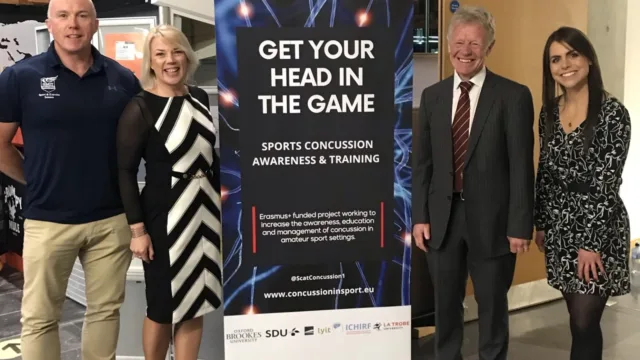 Pictured at the first Concussion Conference at the Galway campus in March 2022, (L-R) Ed Daly, Dr. Lisa Ryan, Prof. John Fairclough, and Emma Finnegan.