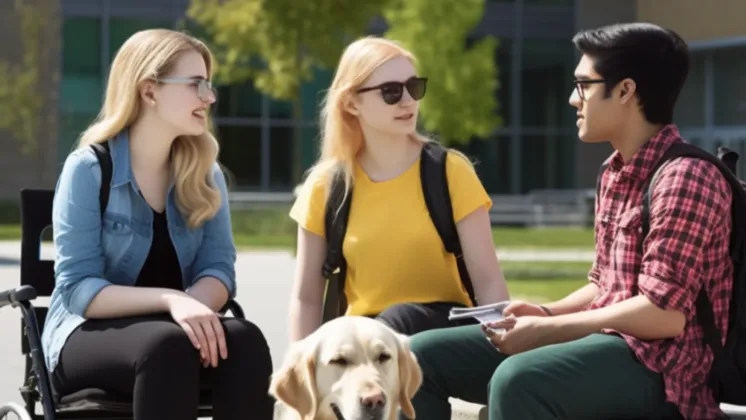 3 students and a dog sit outside a campus