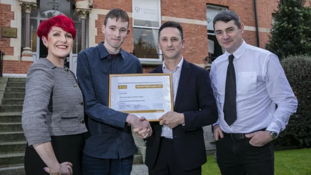 From left to right: Shirley McDonald, Membership Director of Engineers Ireland; Roy Sheridan, ATU Mechanical Engineering student from ATU Galway city; Aidan Cawley, Head of Electrification and Automation Business at Siemens Ireland; and Dr. Oliver Mulryan, Head of the Mechanical and Industrial Engineering department at ATU Galway. Roy Sheridan, the student, is being presented with an award.