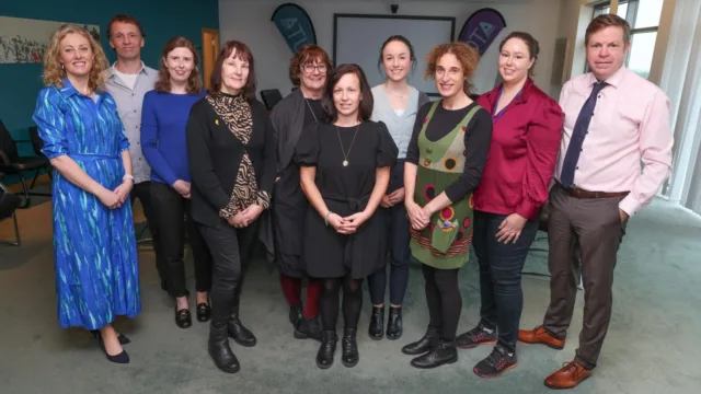 A group photo of ATU Galway's Medical Science lecturing staff, standing and smiling for the camera. Pictured (L-R): Helen Cregg, Brian Casey, Dr. Karen Finn, Siobhan Hannan, Dr. Mary McGrath, Elaine McGrath, Dr. Brigid Hooban, Dr. Debbie Corcoran, Dr. Sharon Duffy, with Dr. Eugene McCarthy (right), Head of the Department of Analytical, Biopharmaceutical and Medical Science.