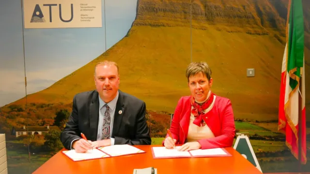 Pictured at the formal signing of the MOU Addendum at ATU Sligo between ATU and Georgian College are Kevin Weaver, President & CEO of Georgian College and Dr Orla Flynn, President of ATU.