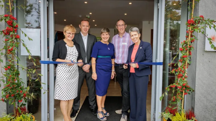 Ribbon cutting ceremony, with individuals standing together as the ribbon is cut to mark the opening of the Precision Engineering and Manufacturing (PEM) Technology Gateway, part of the Atlantic Technological University (ATU) Engineering department of the Sligo campus.