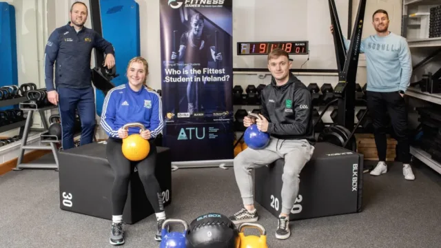 Michael Murphy (Head of Sport, ATU Donegal), Neil Barrett (Lecturer, ATU Donegal), Katie Gibbons and Fionnan Coyle (students on the BSc (Hons) on Sports and Exercise progamme) launching the University Fitness Games at An Danlann Sports Centre, ATU Donegal.