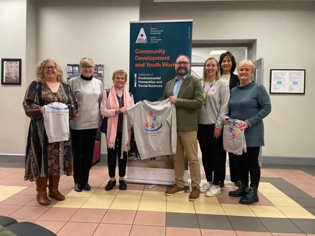 L to R: Anne Finn, Mayo North East Partnership; Dr Sheila McArdle, Lecturer ATU, Sr Maureen Lally, Tochar Valley Rural Community Network, Dr Justin Kerr, VP ATU Mayo and Head of School, Mairead Cluskey, Lecturer ATU, Dr. Deirdre Garvey, Head of Dept of Environmental Humanities and Social Science and Breda Ruane, Youth Officer, MSLETB).