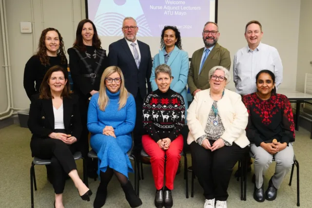 Seated, L to R: Helen Moran, HSE MUH, Adjunct Lecturer, Cardiac Care, Nursing; Niamh O Connor, HSE Mayo Mental Health Services, Adjunct Lecturer, Memory Assessment, Nursing; Dr Orla Flynn, ATU President; Dr Christina Larkin, Head of ATU Dept of Nursing, Health Sciences and Integrated Care, Thara Johnston, HSE MUH, Adjunct Lecturer, Infection Control, Nursing.