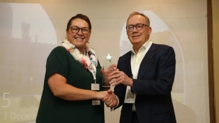 Award Photo: Mark Gantly, Regional Skills West Forum Chair presents Emma Britton, Director of Civil Engineering Apprenticeship at ATU, with the Outstanding Contribution to Industry Award at the 2024 Regional Skills West Awards.