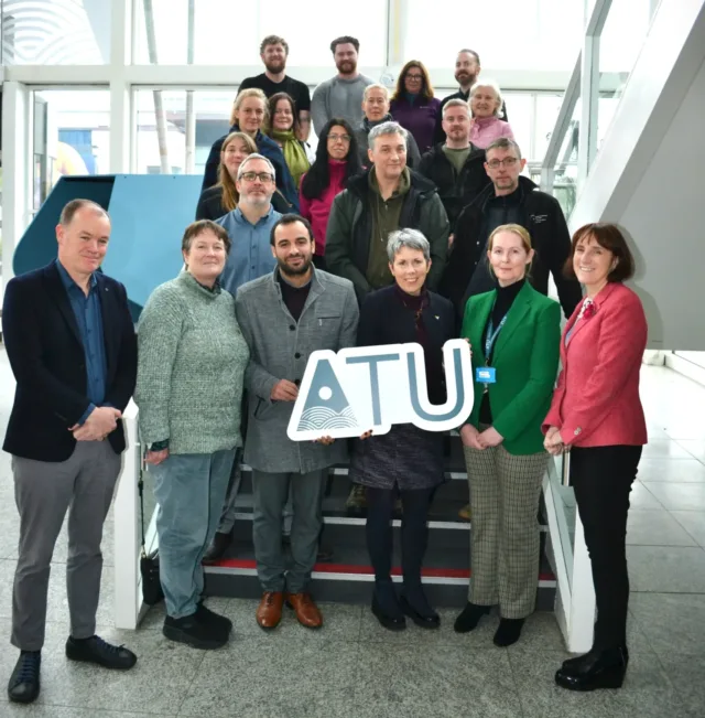 Dr Orla Flynn, President of ATU pictured with Dr Shirley Markley, Lecturer in Medieval Archaeology and Cóilín Ó Drisceoil, Archaeologist National Monuments Service, celebrating the launch of the Certificate in Buildings Archaeology Programmes with the inaugural class of 2024-2025 alongside Dr Thomas Smyth, Head of School of Science, Dr Salem Gharbia, Head of Dept Environmental Science, Dr Frances Lucey, ATU Lead for EU Green University Alliance and Dr Michèle Glacken Registrar & Vice President Students, Teaching & Learning.