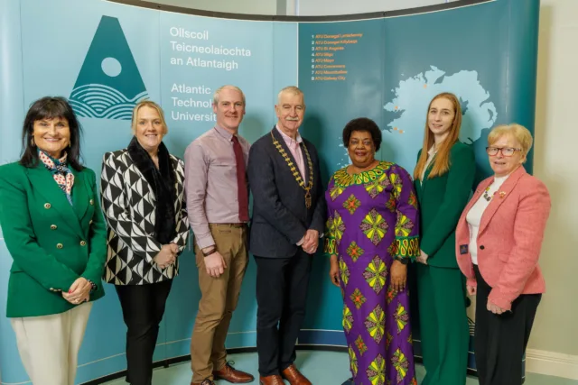 L-R: Dr Edel McSharry, Head of School of Nursing, Health Sciences and Disability Studies; Dr Amanda McCloat, Head of ATU St Angelas; Seán Kelly, Uganda Programme Co-ordinator; Cathaoirleach of Sligo County Council, Councillor Declan Bree; Dr Victoria Nalongo Namusisi, Erasmus+ Partner and Director of Bright Kids Uganda; Michelle McCabe, Home Economics Lecturer, ATU St Angelas; Dr Evelyn McManus, Programme Director, Gener Nursing, ATU St Angelas.