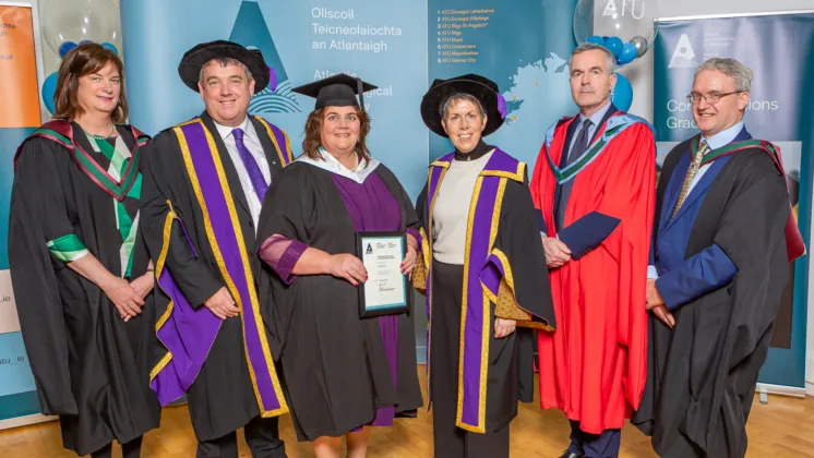 L to R: Caroline Clarke, ATU lecturer and Programme Chair of the Bachelor of Arts (Honours) in Human Resource Management, Dr Billy Bennett, VP Registrar and Academic Affairs, Noleen Hussey from Oranmore, Galway, Academic Achievement award winner from the Bachelor of Arts (Honours) in Human Resource Management class 2024, Dr Orla Flynn, ATU President, Dr Seamus Lennon, Head of the ATU Galway-Mayo School of Business, and Michael Gill, Head of Department of Organisational Development, ATU.