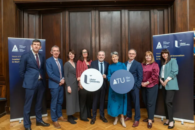 LtoR: Mr Eoghan Duffy, Director of the Shared Island Initiative, Department of an Taoiseach; Mr Paul Hannigan, Head of College ATU Donegal; Dr Vicky O’Rourke, Programme Chair and Senior Lecturer, ATU; Ms Patricia Doherty, Head of Department Business Studies, ATU (Donegal); Professor Paul Seawright, Deputy Vice Chancellor UU; Dr Orla Flynn, ATU President; Mr Michael Margey, Head of Faculty Business, ATU (Donegal); Professor Una McMahon Beattie; Professor of Hospitality Management, UU; Dr Emer Gallagher, Programme Chair and Lecturer, UU;