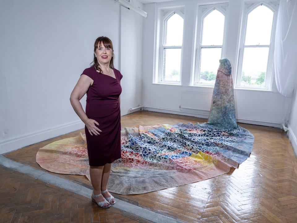 Artist Bernie Joyce with her Cloak at the ATU Graduate Art Show, ATU Galway (Wellpark Road).