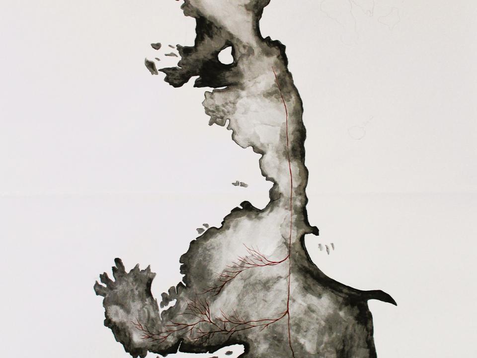 Róisín Doherty, Cruit Island, Donegal, Bloodline, 2024, Graphite, watercolour, pencil, Ink and pen on Fabriano Paper, 150cm x 90cm.